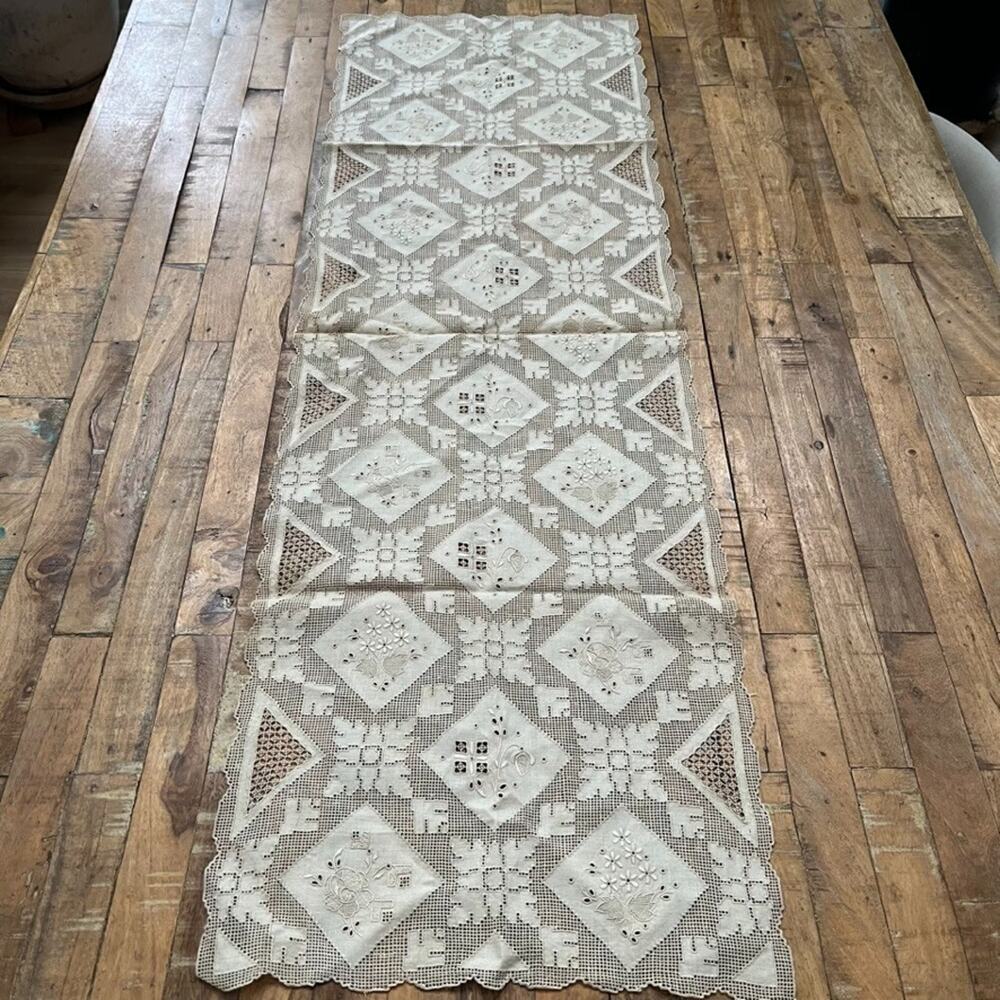 Antique Handmade Cream Table Runner 48" X 15” Geometric Floral Lace Embroidered